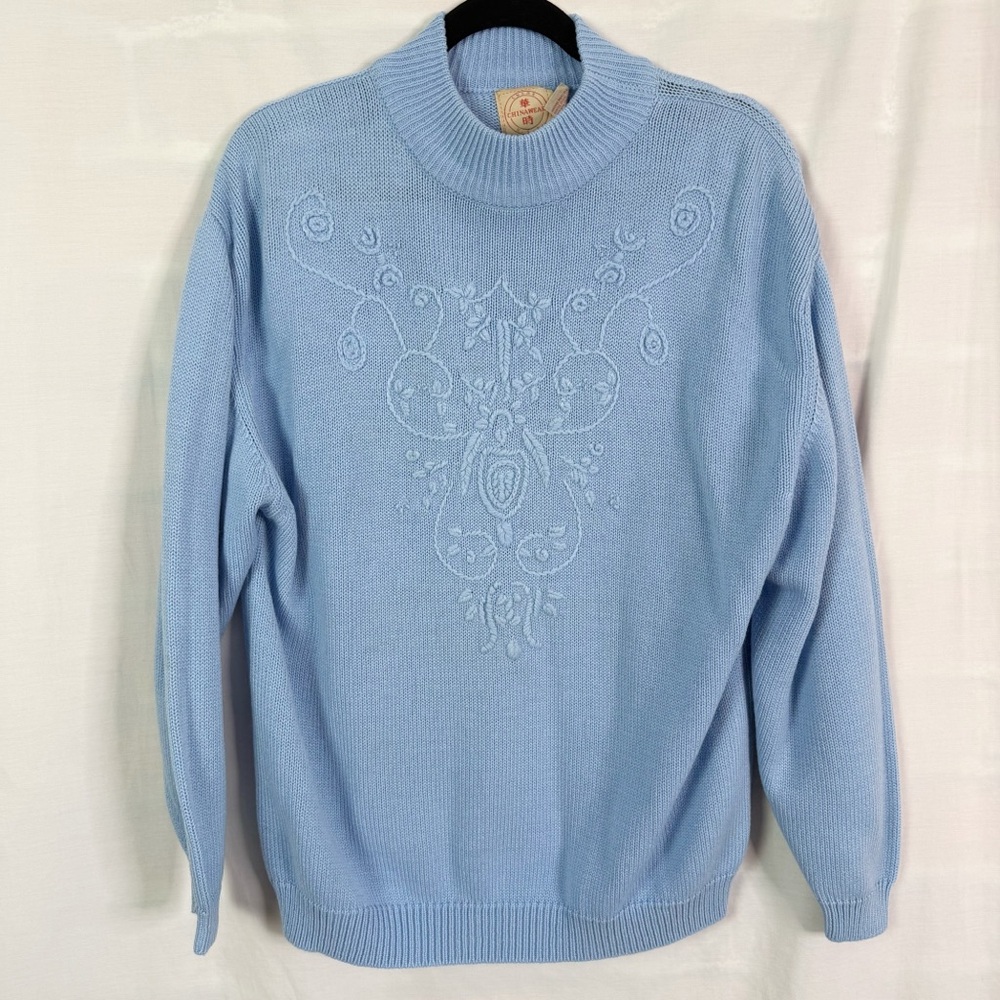 Light Blue Floral Embroidered Vintage Mock Neck Sweater Med